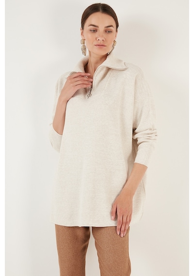 Lela Yarım Fermuarlı Oversize Triko Bayan Kazak 4616079 Krem