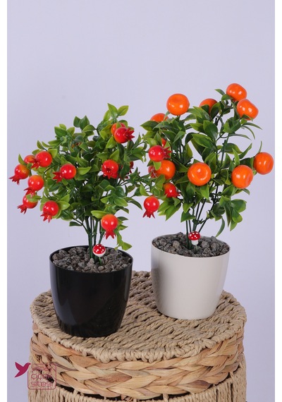 Yapay Çiçek Sitesi Plastik Saksıda Yapay Mini Nar & Mandalina Tanzimi 2 Li Set 33 Cm Çok Renkli
