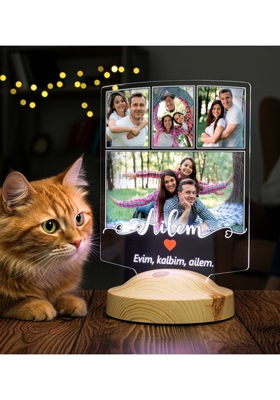 Fotoğraflı Ailem Led Lamba Aile Hatırası Sevgi Dolu, Anlamlı Aile Hediyesi
