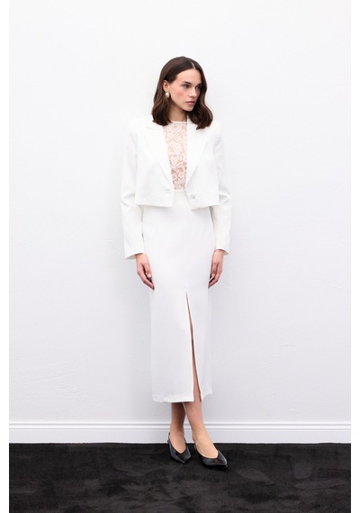 Sateen Yırtmaçlı Midi Etek - Ekru-136987 Ekru