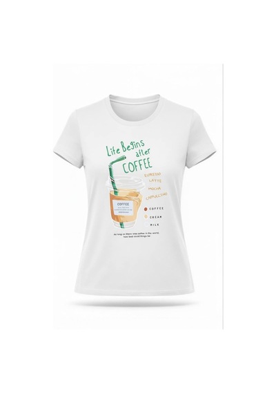 Kadın Beyaz Coffee Baskılı %100 Pamuk Tişört Beyaz