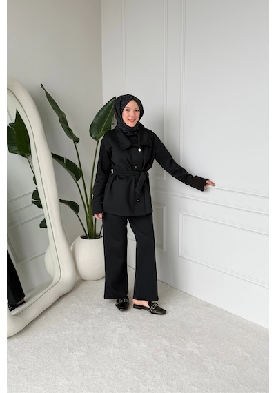 Mihran Butik Sophie Model Bel Kemer Ve Düğme Detaylı Kadın Takım Siyah Siyah