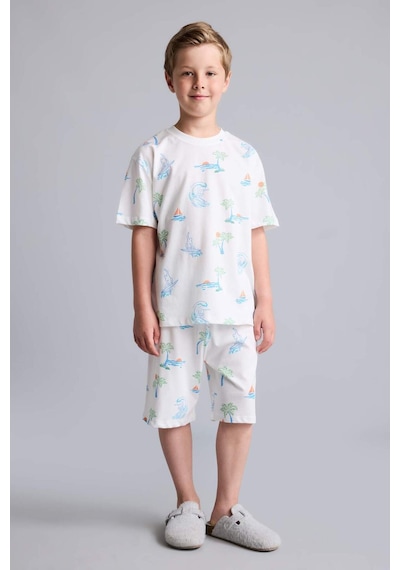 Defacto Regular Fıt Elastik Bel Desenli 2li Bej Pijama Takımı Erkek Çocuk H5396a826hser83 Ekru-er83