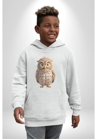 Baykuş Kadın Erkek Beyaz Kapüşonlu Sweatshirt Hoodie Beyaz