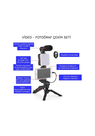 Upway Led Işıklı Mikrofonlu Tripotlu Kumandalı Video Kayıt Fotoğraf Öz Çekim Seti