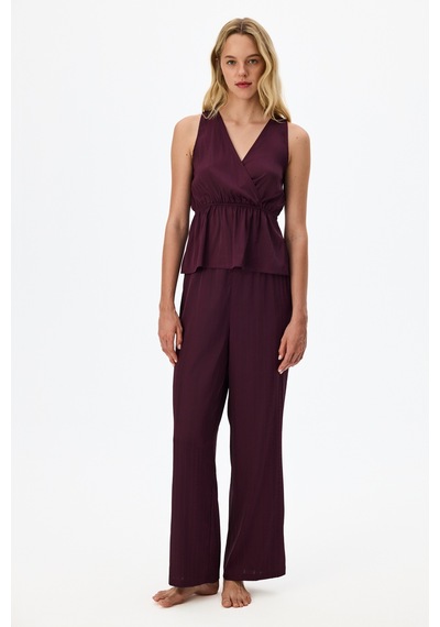 Penti Bordo Aurora Dark Saten Çiçekli Atlet Pijama Üstü