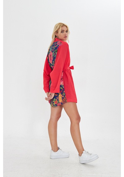 Kutaf Kırmızı Ultra Soft Arkası Desenli Kimono Kırmızı