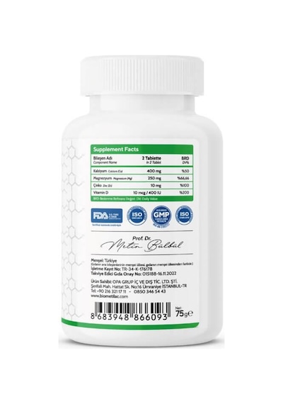 Biomet S1 Kalsiyum Magnezyum Çinko Vitamin D Takviye Edici Gıda 60 Tablet