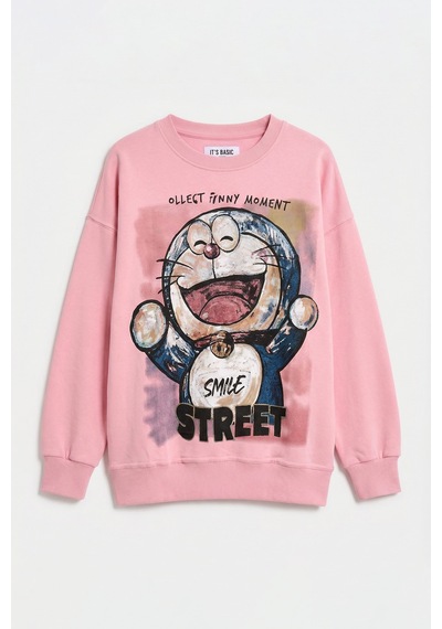 Itsbasic Kadın Pembe W5 Oversize Baskılı %100 Koton Organik Kumaş Sweatshirt