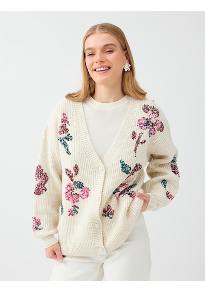 Jimmy Key Kırık Beyaz Floral Payet İşleme Detaylı V Yaka Triko Hırka 6ww108197106