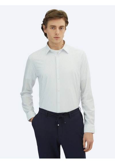 Mavi Çizgili Regular Fit Casual Pamuk Karışımlı Gömlek Mavi