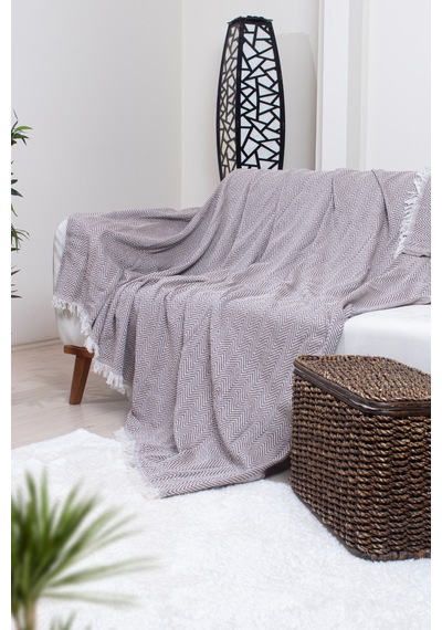 Pamuklu Zikzak Desenli Püsküllü Koltuk Örtüsü 170x210 Cm Dekoratif Ve Çok Amaçlı Kahverengi