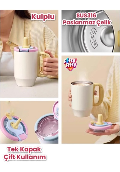 680 Ml Tek Kapak Çift Kullanım Pipetli Rahat İçim Kulplu Paslanmaz Çelik Termos Mug Ffvgn1113-680ml Mavi