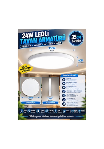 35 Cm Modern Tavana Sıfır Panel Led Avize 24watt 6500k Buz Beyazı Işık Uzun Ömürlü,ince Tasarım 24w Led Armatür / Buz Beyazı 6500k Tasarruflu Tavan Paneli Tavan Armatürü Beyaz