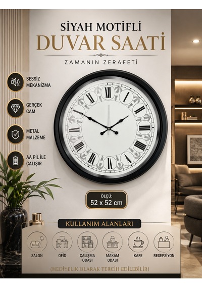 Siyah Motifli 52 Cm Metal Duvar Saati Motifli Roma Rakamlı