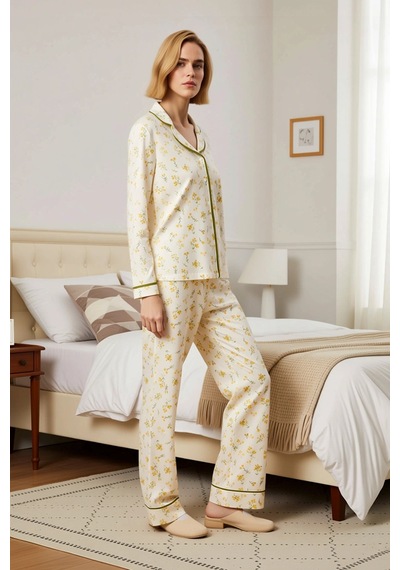 Benerly Kadın Gömlek Yaka Standart Kol Regular Kalıp Pijama Takımı Fonksi sarı