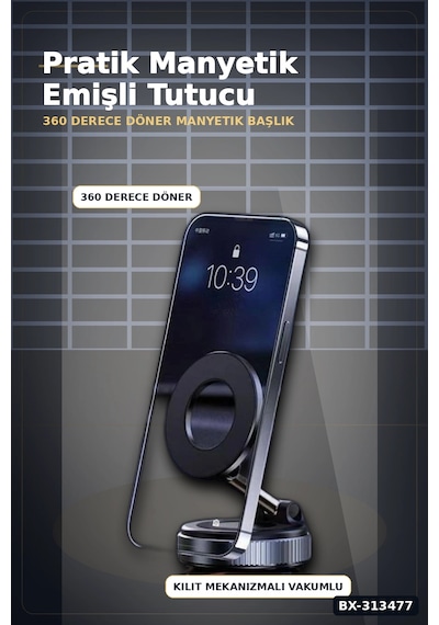 Vakumlu Emişli Manyetik Telefon Tutucu 360 Döner Başlık Güçlü Mıknatıslı İz Bırakmaz Bx-313477