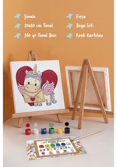Kalpli Unicorn Boyama Tuvali Şövaleli Boya Seti 20x20