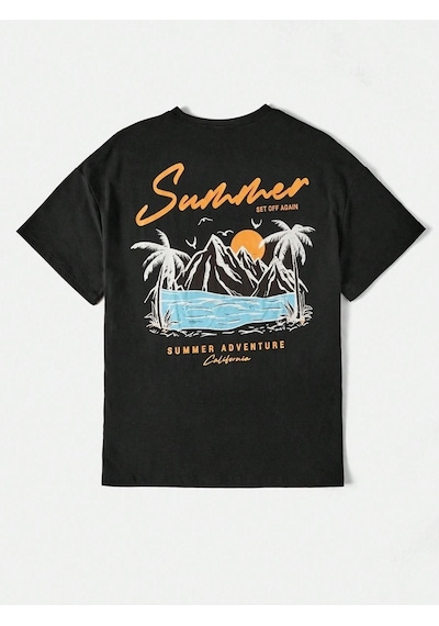 Unisex Siyah Oversize Summer Baskılı Örme T-shirt Siyah