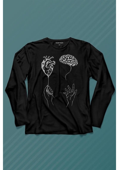 Kalp Ve Beyin Aşk Akıl Mantık Duygusal Zeka Uzun Kollu Tişört Baskılı T-shirt 001