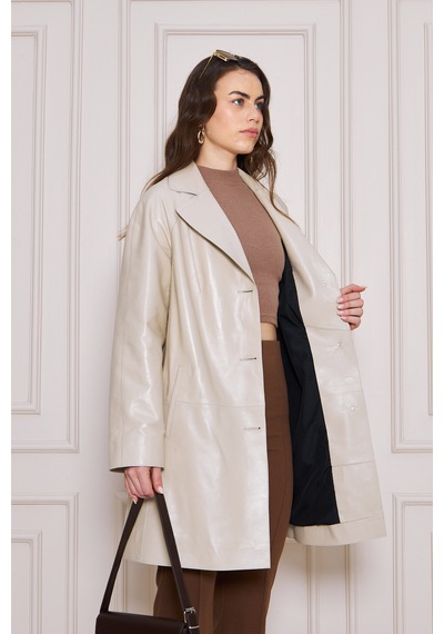 M M Marki Marki Kadın Hakiki Deri Trençkot Bej, V Yaka, Kuşaklı, Düğme Kapamalı, Oversize, 90 Cm - 117122