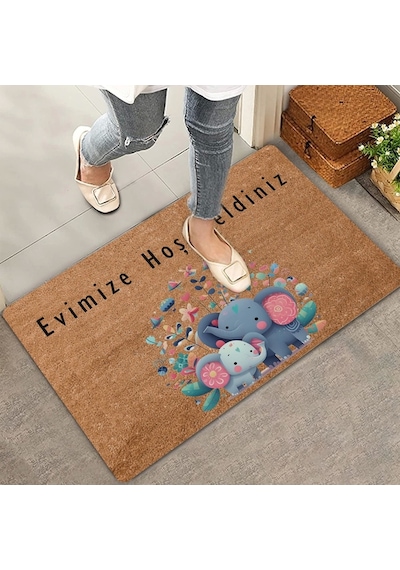 Valerine Life Sevimli Yavru Filler Ve Çiçekler Evimize Hoş Geldiniz Kapı Önü Paspası 45x70cm