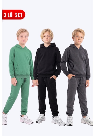 Fyk Kids Erkek Çocuk 3'lü Düz Kanguru Cepli Kapüşonlu Eşofman Takımı Yeşil-siyah-füme