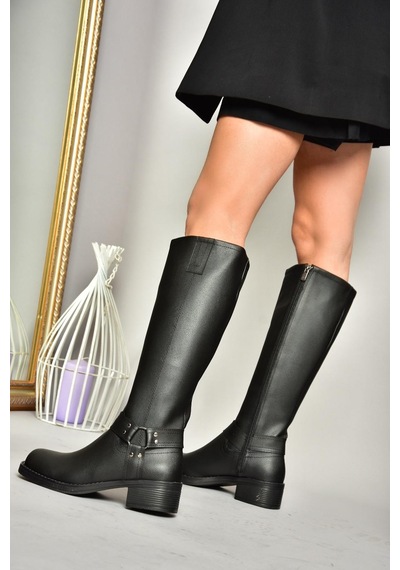 Fox Shoes T404550009 Siyah Alçak Topuklu Kadın Çizme Siyah-Suni Deri