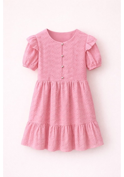 Kız Çocuk Pembe Fisto Kumaş Düğmeli Yazlık Elbise 12528 Pembe