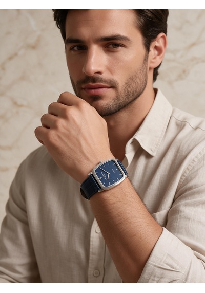 Lee Cooper Lacivert Deri Kayış Mavi Kadran 40 Mm Dikdörtgen Erkek Kol Saati, Bileklik Hediyeli Gümüş