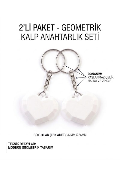 2'li Geometrik Kalp 3d Anahtarlık & Çanta Süsü Beyaz