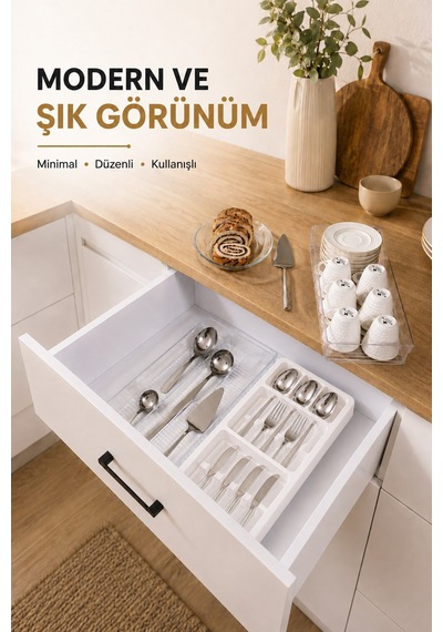 Çekmece İçi Kaşıklık Organizer Bölmeli Mutfak Düzenleyici Beyaz S-11030
