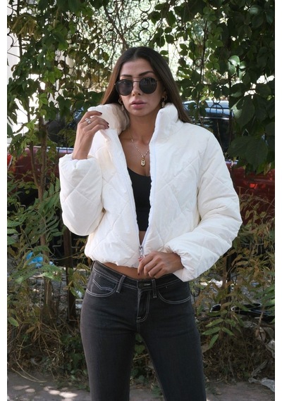 Keyifli Moda Kadın Beyaz Dik Yaka Şal Desenli Lüx Kısa Şişme Mont - 40 Beyaz
