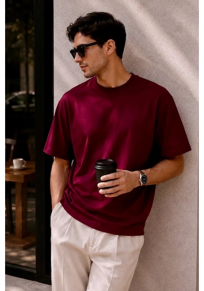 Bbbutikbasic Erkek Oversize Basic Bisiklet Yaka Pamuklu Tişört My3535 Bordo