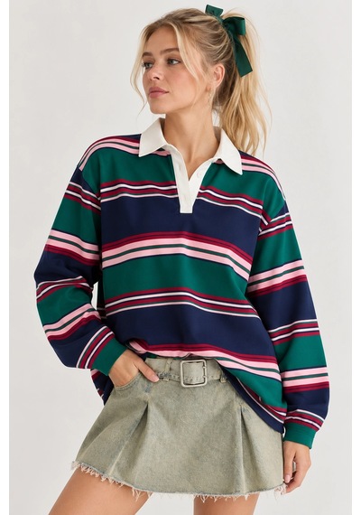 Mevese Oversize Polo Yaka Çizgili Kadın Sweatshirt - Lacivert-yeşil Lacivert - Yeşil Mevese Oversize Polo Yaka Çizgili Kadın Sweatshirt - Lacivert-yeşil Lacivert - Yeşil