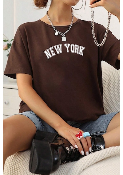 Unisex New York Baskılı Oversize Tshirt Kahverengi