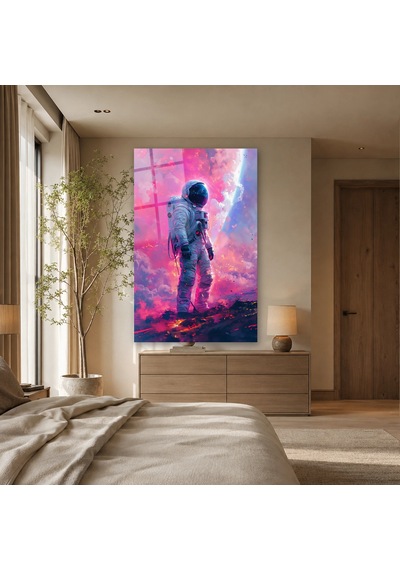 Pembe Bulutlarda Yürüyen Astronot Çerçevesiz Cam Tablo
