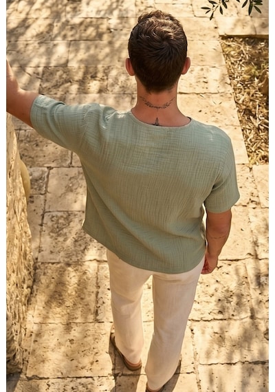 Combattente Exclusive Products Kısa Kol Oversize Müslin Erkek Tshirt - 2026 Erkek Tişört Kreasyonu Çağla Yeşili