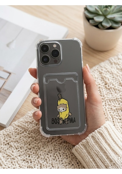 Hepsi Apple İphone Uyumlu 14 Pro Max Boş Yapma Muz Detaylı Kart Bölmeli Şeffaf Telefon Kılıfı Najmaddin Çok Renkli