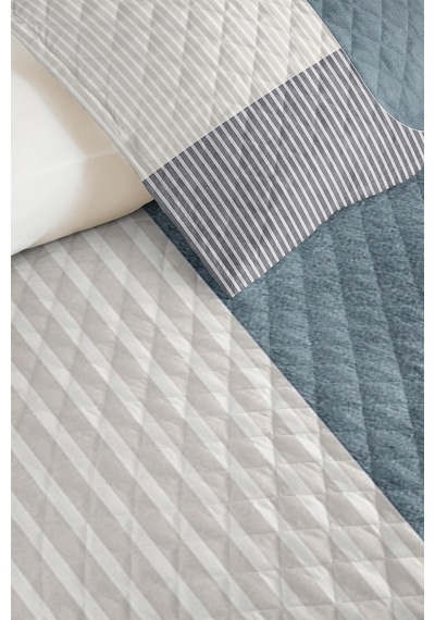 Mavi Geometrik Modern Genç Odası Tek Kişilik Pike Takımı-çizgili Gri 160x220cm Kapitone Yatak Örtüsü Mat Avlu Nüansı