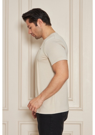 Erkek Jeuss Oysho Kumaş Sıfır Yaka Bej Tshirt