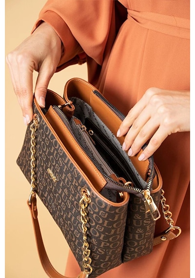 Just Polo Kadın Baskılı Uzun Ayarlanabilir Askılı Şık El Ve Omuz Çantası Shoulder Bag Kahve Taba