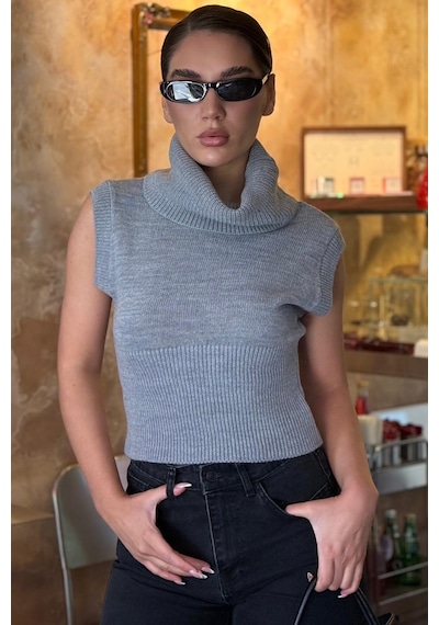 Madmext Gri Aura Kolsuz Balıkçı Yaka Triko Bluz Mg2825