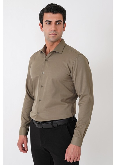 Slim Fit Pamuk Saten Klasik Haki Gömlek Gk 604