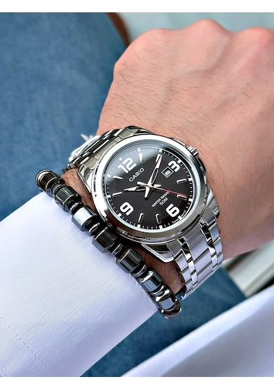Casio Gümüş Silver Renk Çelik Kordon   Spor Metal Erkek Kol Saati + Bileklik Hediyeli Nda98