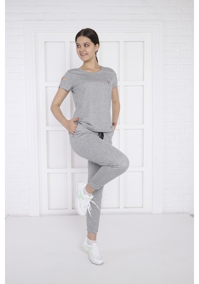 Kadın Spor G2 Melanj Alt-Üst T-Shirt Takım-3936 Açık Gri Melanj