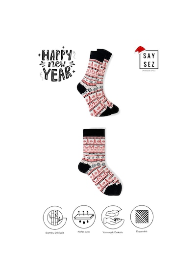 Saysez Bambu Renkli Desenli Yılbaşı Çorabı Unisex Hediyelik Çorap Beyaz