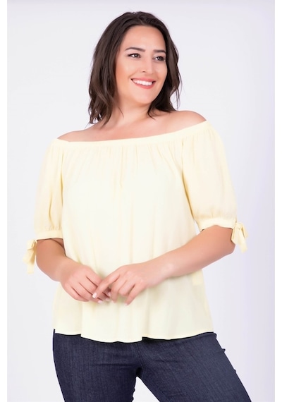 Myline Kadın Yakası Lastikli Kolları Bağcıklı Bluz 34645 Sarı