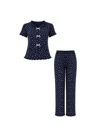 Koza İç Giyim Kadın Kısa Kollu Fiyonklu Fitilli Pijama Takımı Kk30131 Lacivert - Pembe