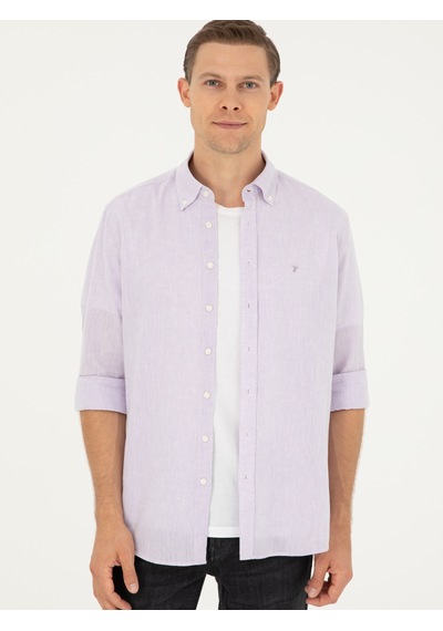 Cacharel Lila Slim Fit Keten Karışımlı Gömlek Pembe